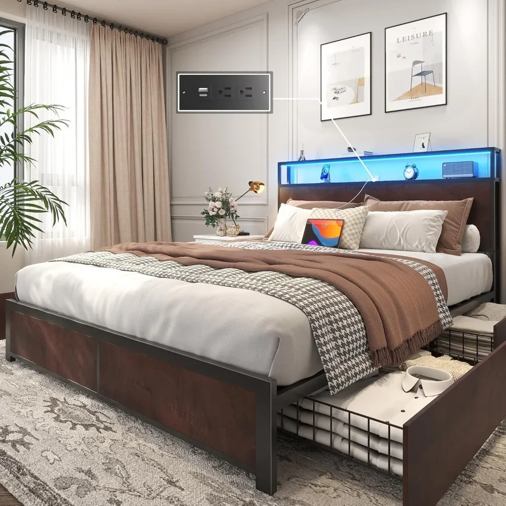 

Bed Frame with 2-Tier Storage Headboard, Metal Platform Bed Frame with 4 Storage Drawers, Built in Charging Station