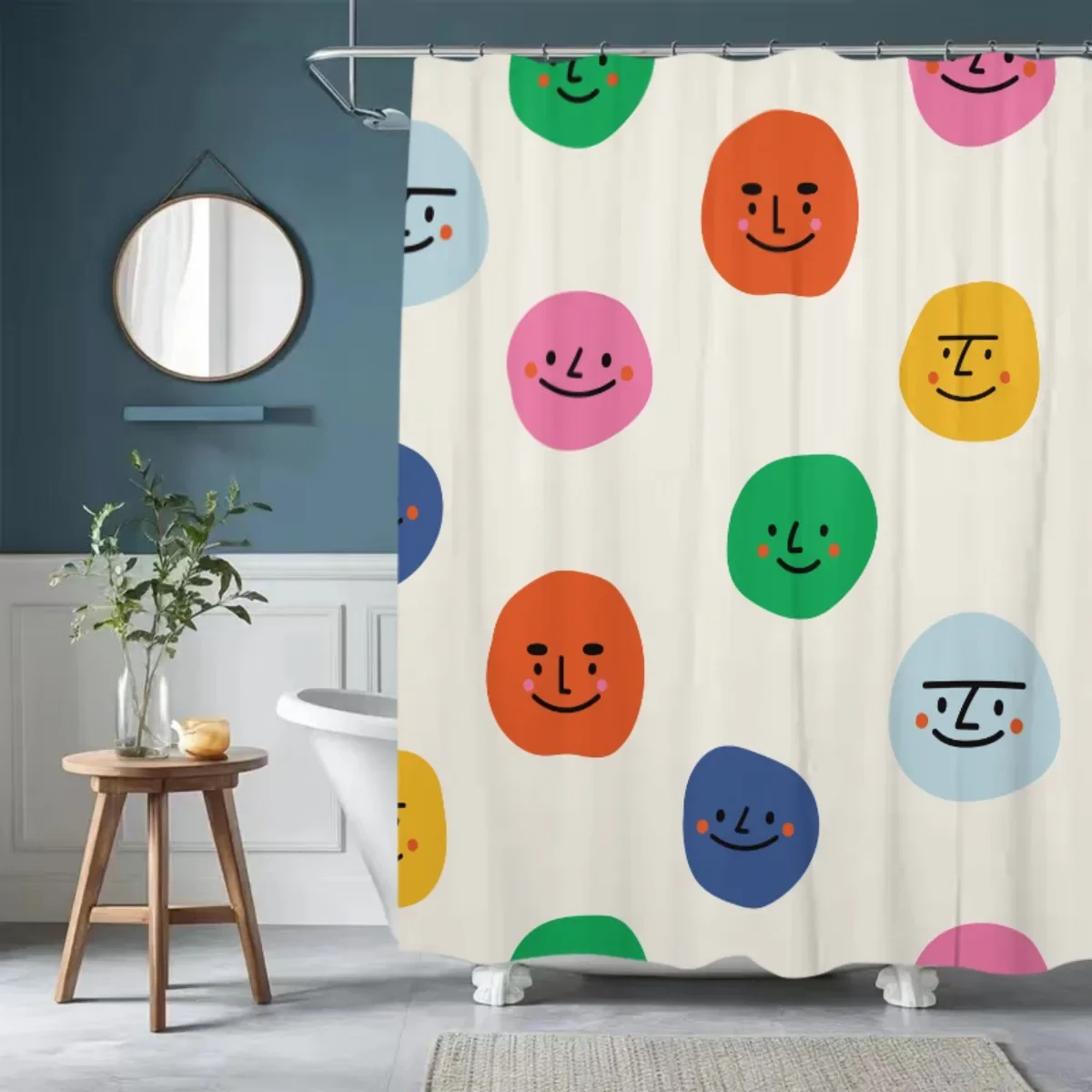 

1pc Colorful Smiling Faces Pattern Shower Curtain - Digital Printed Polyester, Non-Perforated, Machine Washable, White with Play