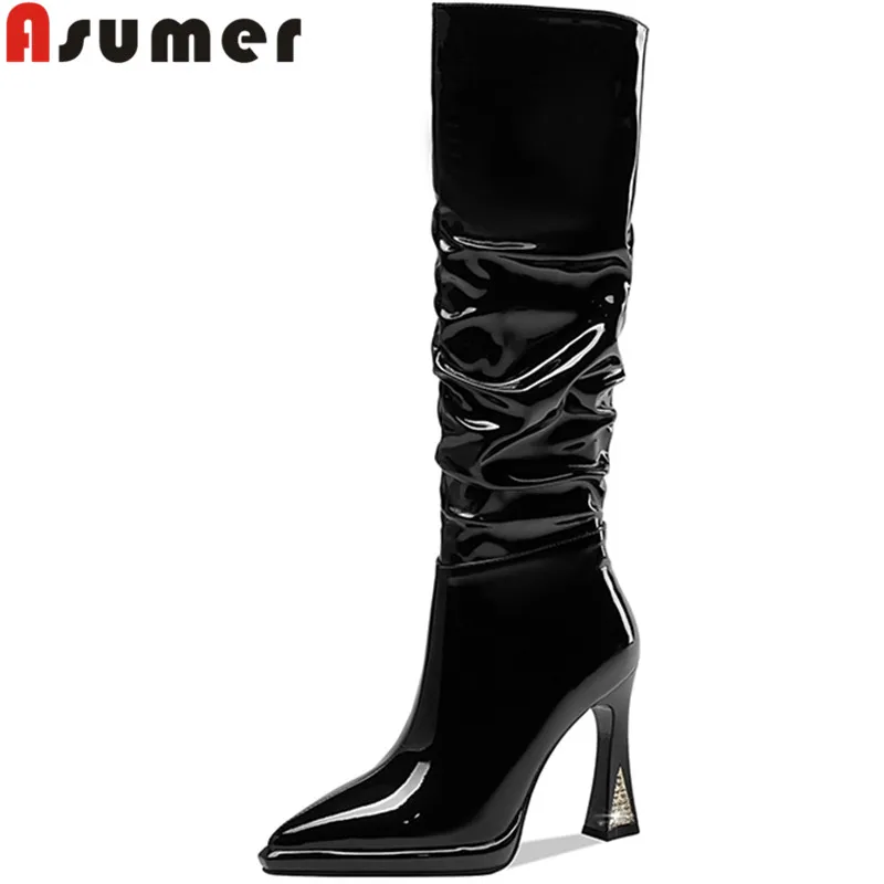 ASUMER 2022 New Zipper Genuine Leather Boots Woman Autumn Winter Knee High Boots Thin High Heels Ladies Fashion Boots