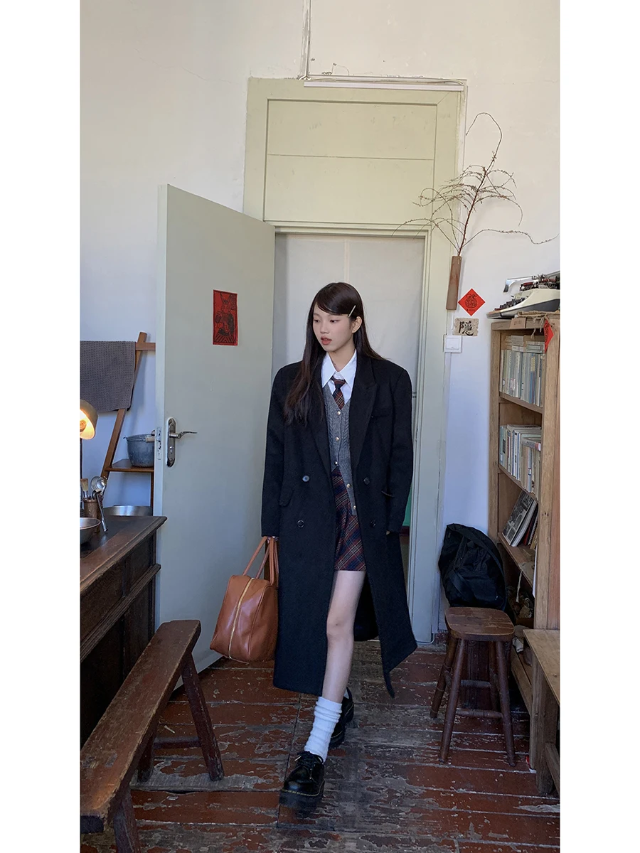 

Женское шерстяное пальто Ele Bla, осень-зима 2022, новый высококачественный костюм Hepburn Sle Jaet, прямой крой, длинный свеч, двойной B...