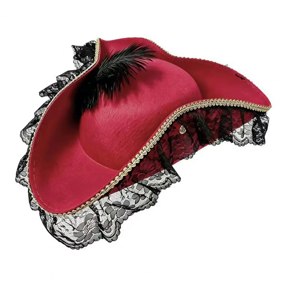 Pirate Costume Hat Vampire Costume Hat Halloween Pirate Hat with Burgundy Lace Feathered Buccaneer Cap Vintage Captain for Women