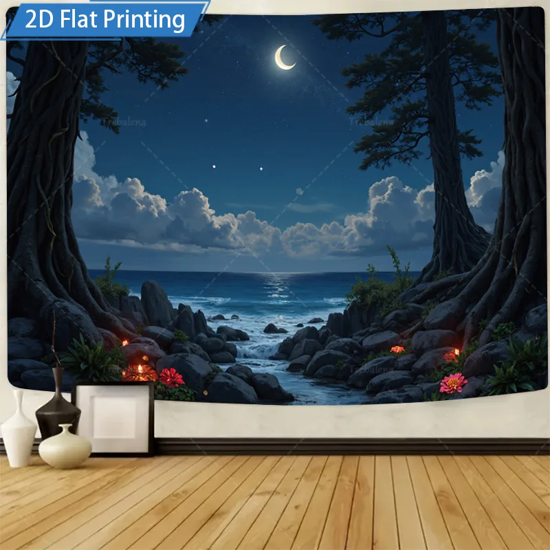 قطعة واحدة من نسيج الحائط "مشهد الشاطئ الليلي المسحور مع نسيج حائط على شكل هلال ونجوم"