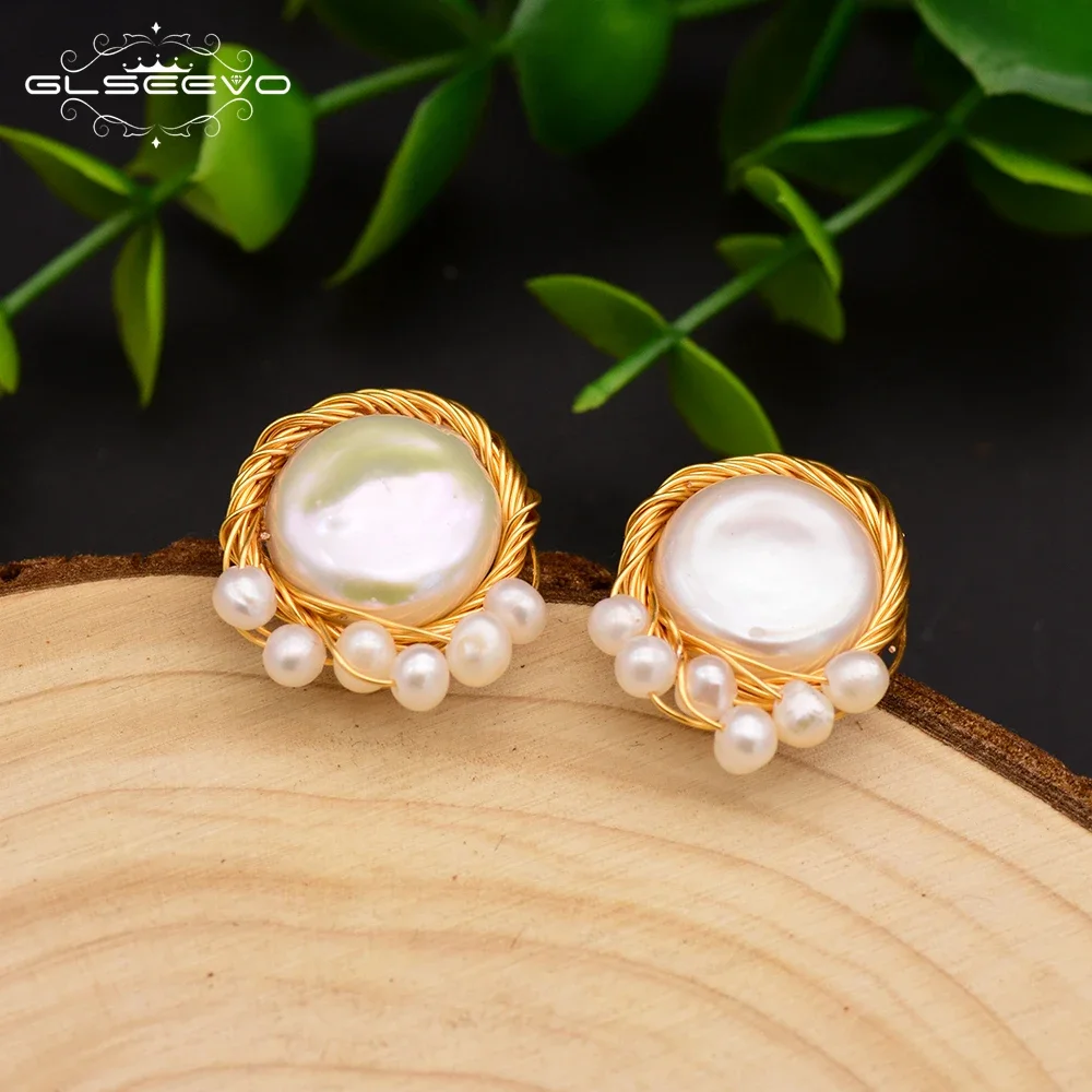 GLSEEVO Original Natural Baroque Flat Fresh Water Pearl  For Women Stud Earrings For Women Party Custom Fine Jewelry GE0646