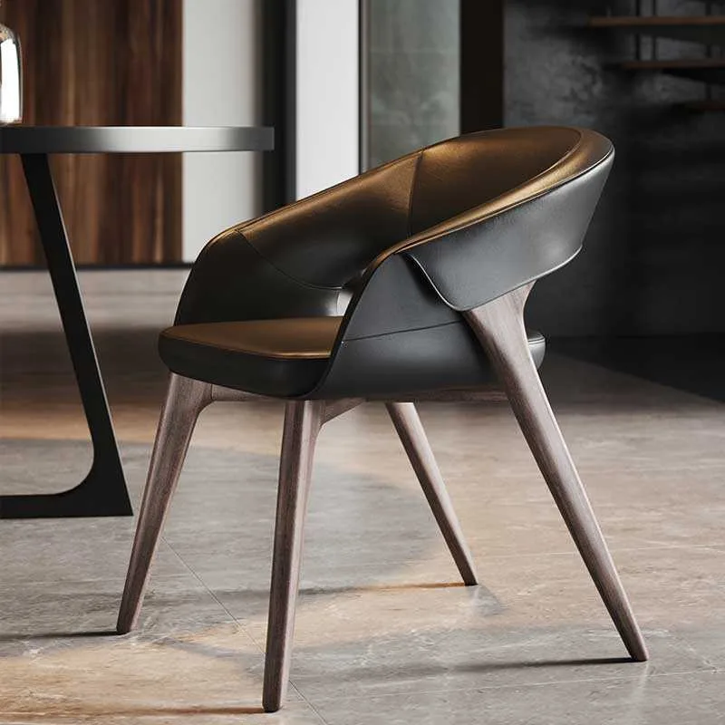 Minimalist light luxury high-end ash wood solid wood retro leather home dining chair armrest reception book chair