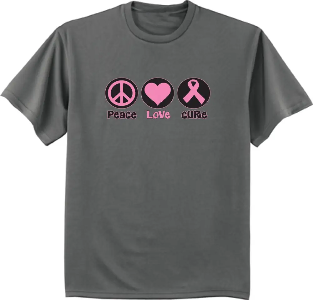 Men's T shirt Peace Love Cure Breast Cancer Awareness Pink Ribbon tee