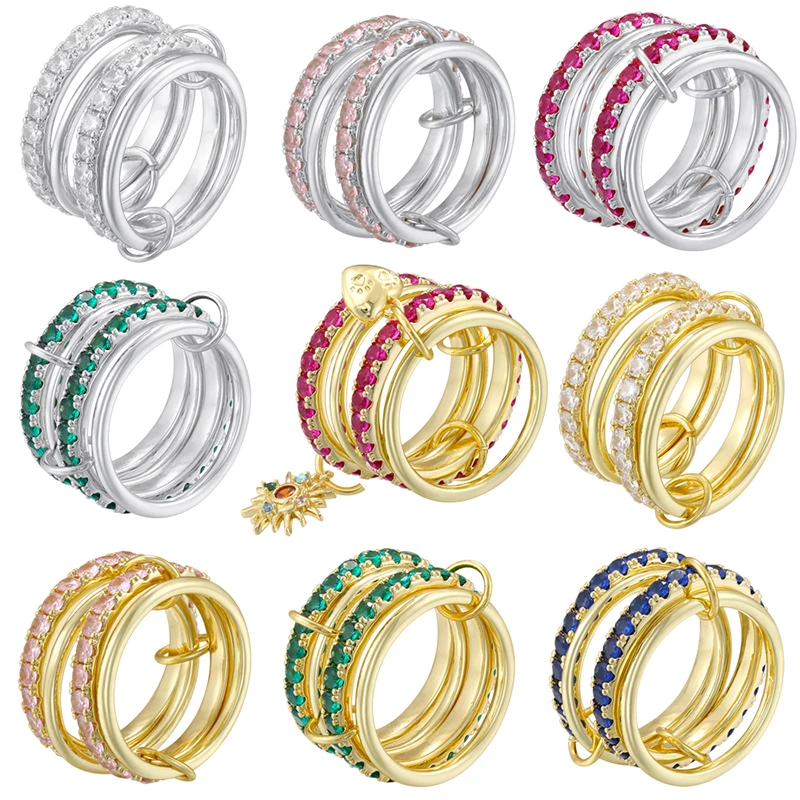 6/7/8 Copper Metal CZ Stone Simple Korean Style Four-Layer Stackable Ring Unisex Couples Jewellery 1 Piece:VJ855-VJ857