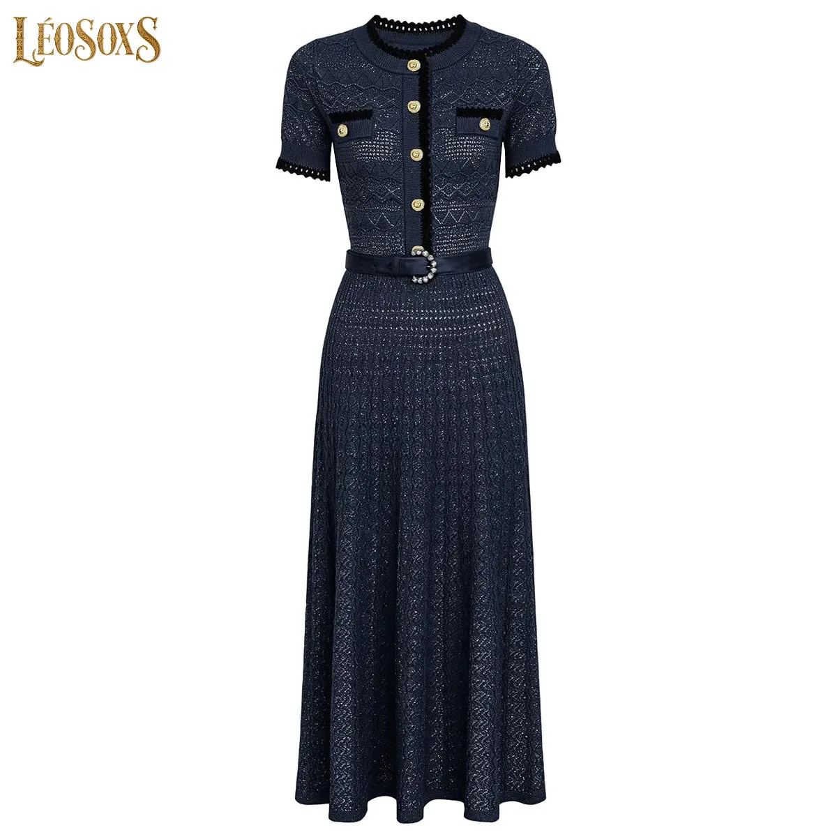 LEOSOXS Summer New Elegant Ladies Round Neck Short Sleeve Flattering Fit Maxi Dress Matching Belt Socialite Women Daily Outfit