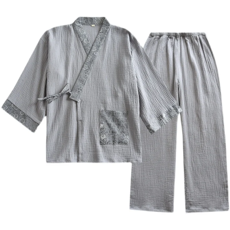 

Japanese Simple Kimono Pure Cotton Gauze Pajamas Men Spring And Autumn Large Size Home Dress Trouser Suit Hanfu