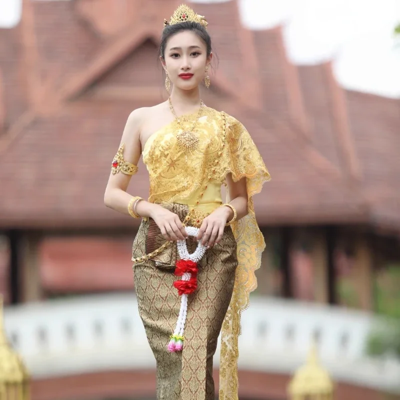 

Spring Summer Thailand Traditional Dress Clothing for Women Elegant Thai Outfit Tops Tube Skirt Southeast Asian Style Clothes