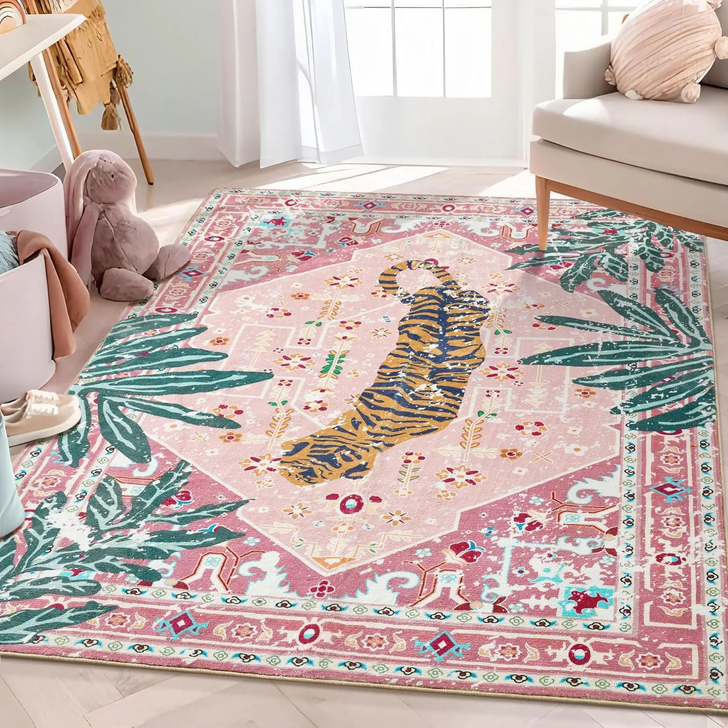 VIKAMA Vintage Tiger Area Rug Light Blue Botanical Soft Plush Carpet Boho Living Room Bedroom Decor Rug 120x160 cm