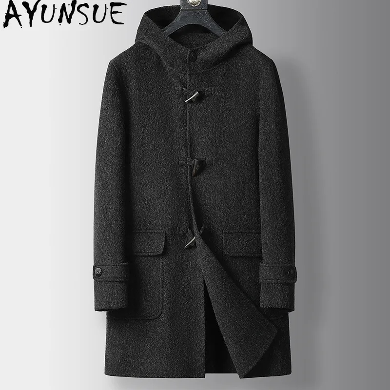 

AYUNSUE 100% Sheep Wool Jacket Men Mid-length Trench Coat Man Double-sided Woolen Coat Hoodie Winter Clothes 2025 Пальто Зимнее