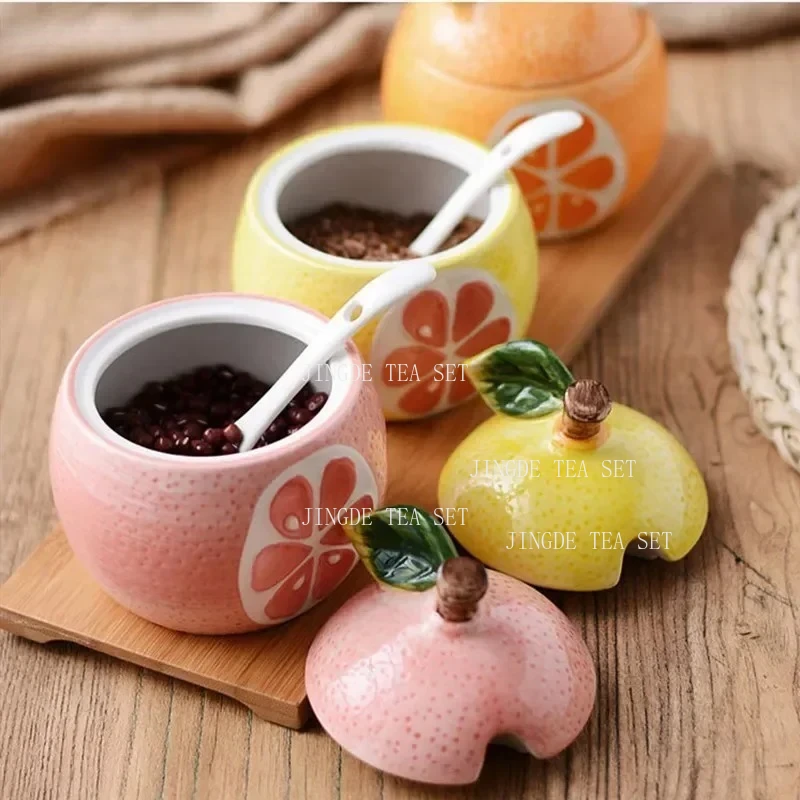 Creative Ceramic Seasoning Jar Bottle Kitchen Decoration Racks Fruit Melon Shape Spices Storage Tank Sugar Bowl with Lid &Spoon