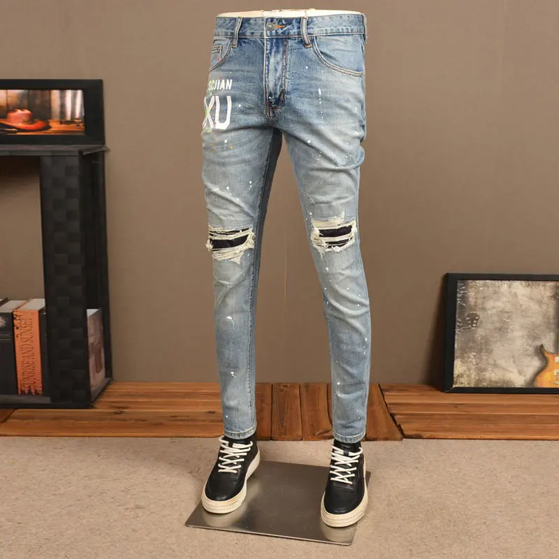 Streetwear Fashion Men Jeans Retro Light Blue Stretch Skinny Fit Ripped Jeans Men Painted Printed Designer Hip Hop Denim Pants