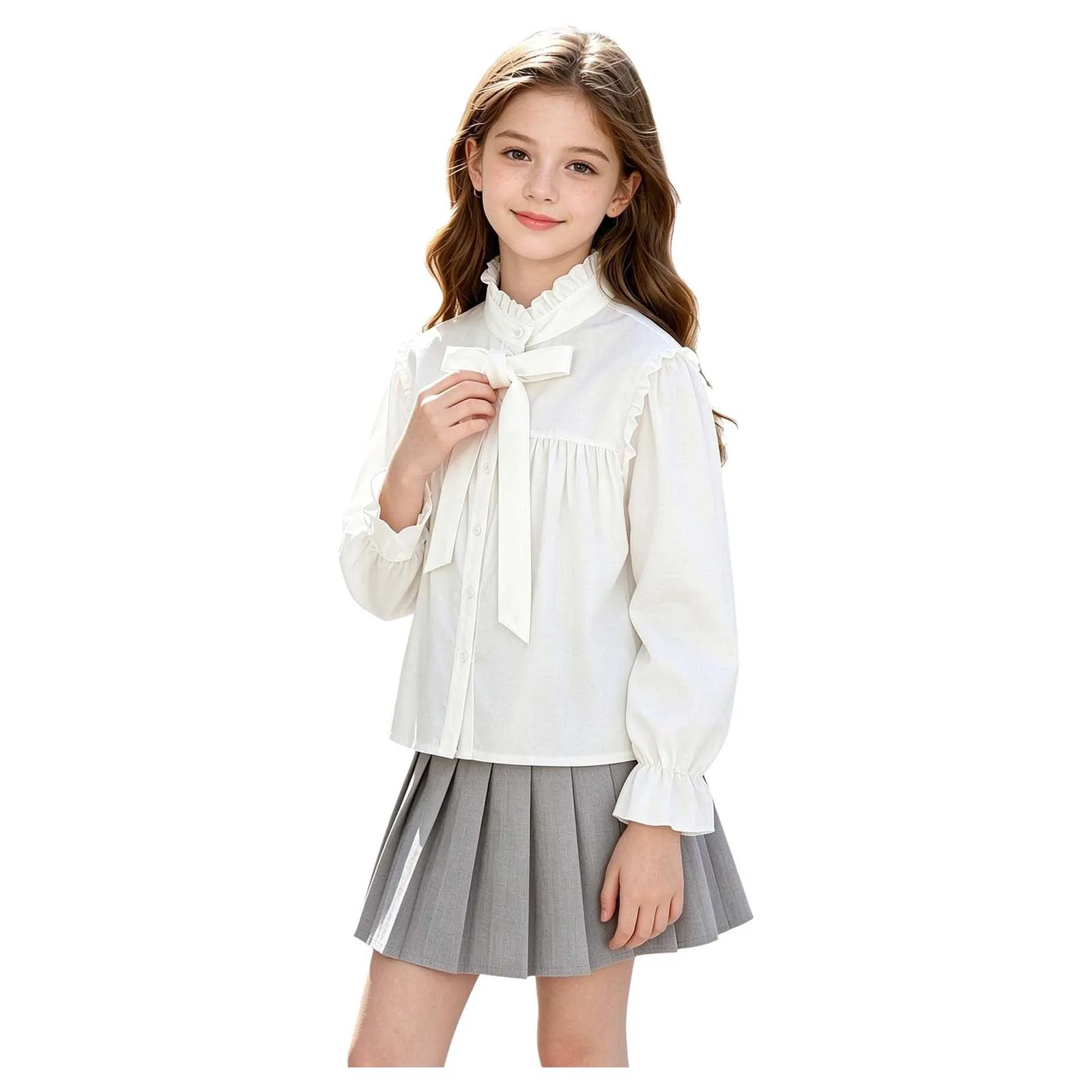 Kids Girls Ruffles Blouse Shirt Korean Stand-collar Bow-tie Long-sleeve Button Top for School Stage Show Casual School Clothes