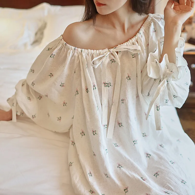 Women Sweet Printed Full Sleeves Nightdress French Sexy Loose Long Mid-Calf Nightgowns 100% Cotton Comfortable Sleepwear Nightie