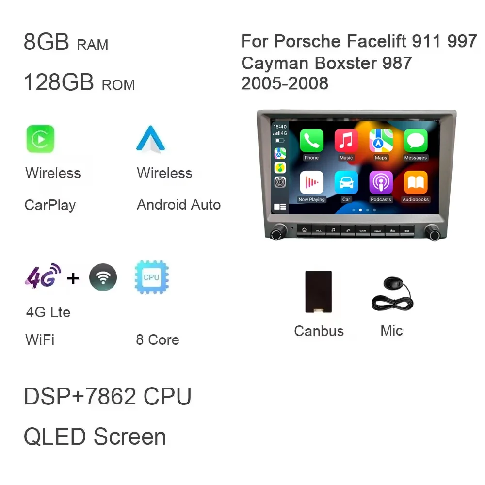 Grijs 720P CarPlay 8 "Android 12.0 Auto dvd-speler 8 Core 4GB DSP multimedia GPS autoradio Voor Porsche 911 997 987 Cayman Boxster