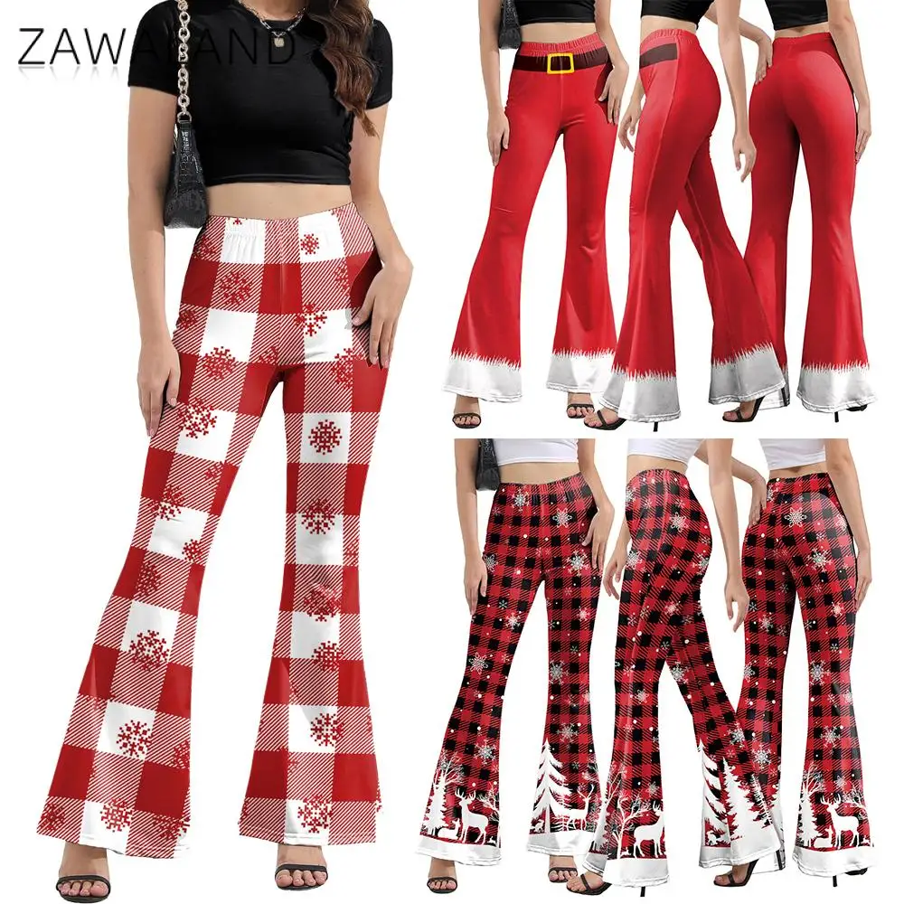 Zawaland Christmas Elegant Flared Pants for Women Check Stripe 3D Printing Ankle Length Pants Lady Shiny Flare Pants