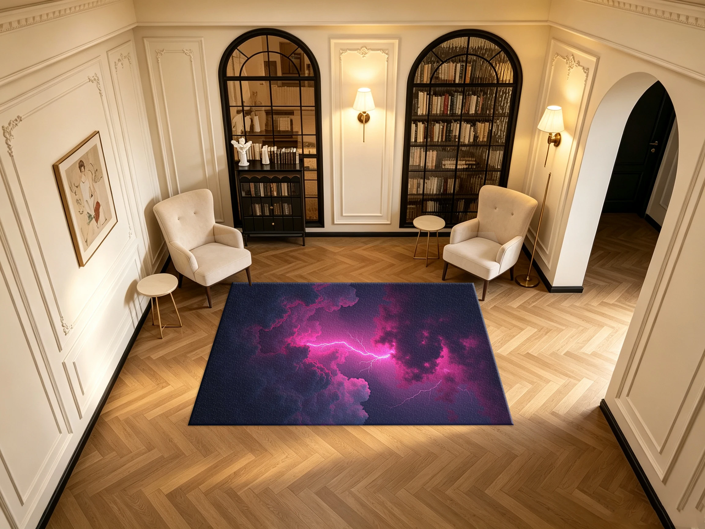 Neon Pink Purple Thunder Lightning Cloud Carpet Flooring Dramatic Storm Sky Scenery Printed Square Area Rug for Household Wall Floor Ornament