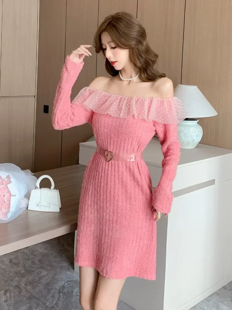 Ofallsis Celebrity Sweet Sexy Temperament One Line Neck Off Shoulder Dress 2023 Long Sleeve Ruffle Knitted Sweater Short Dresses