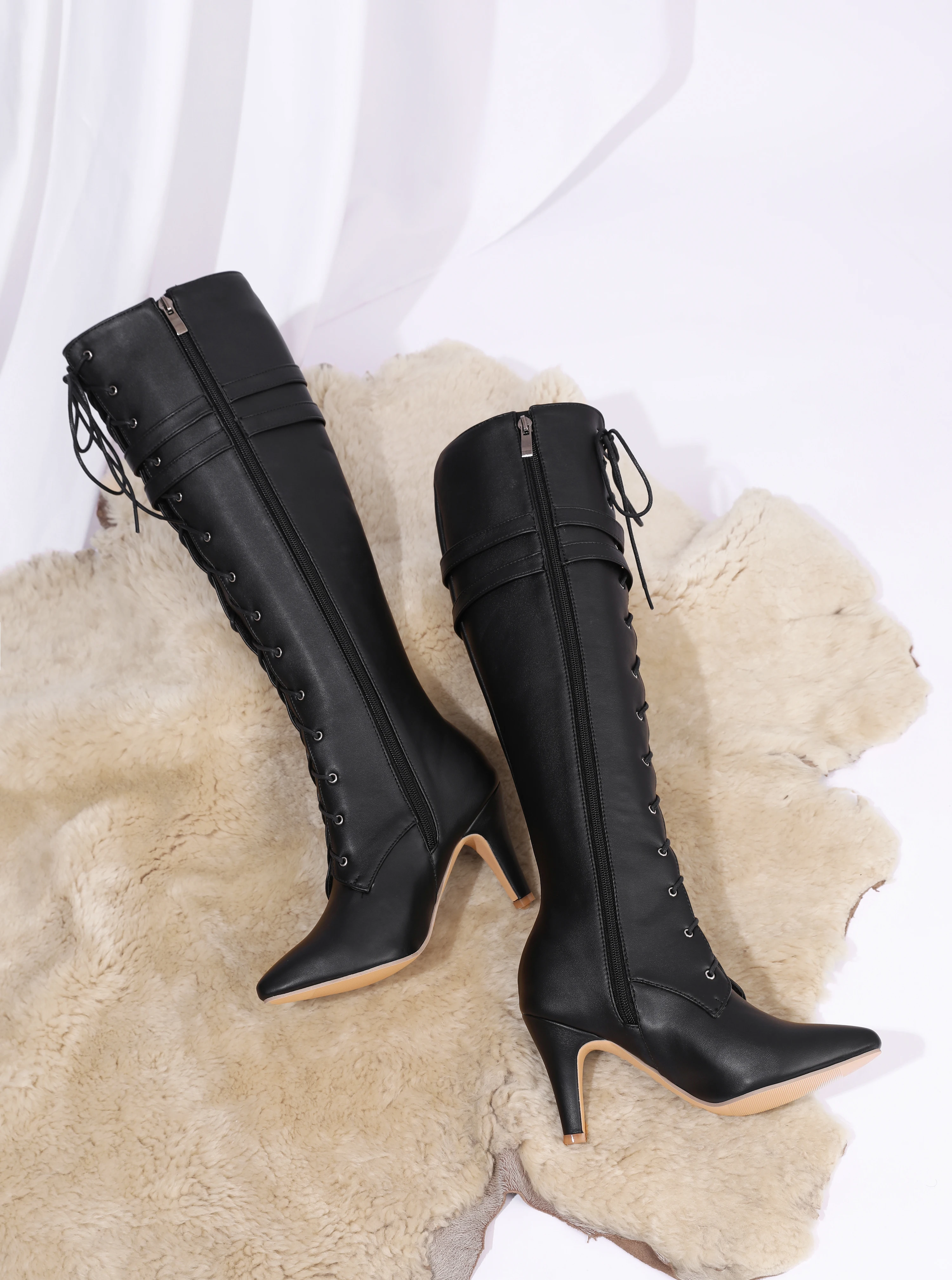 Mittellange Stiefel für Damen, 2026 Frühling und Herbst Neue Schnürstiefel, Damen Spitze Stiletto High Heels, Designer Luxus Übergrößen Größe 47, Direktverkauf vom Hersteller – Detail 15