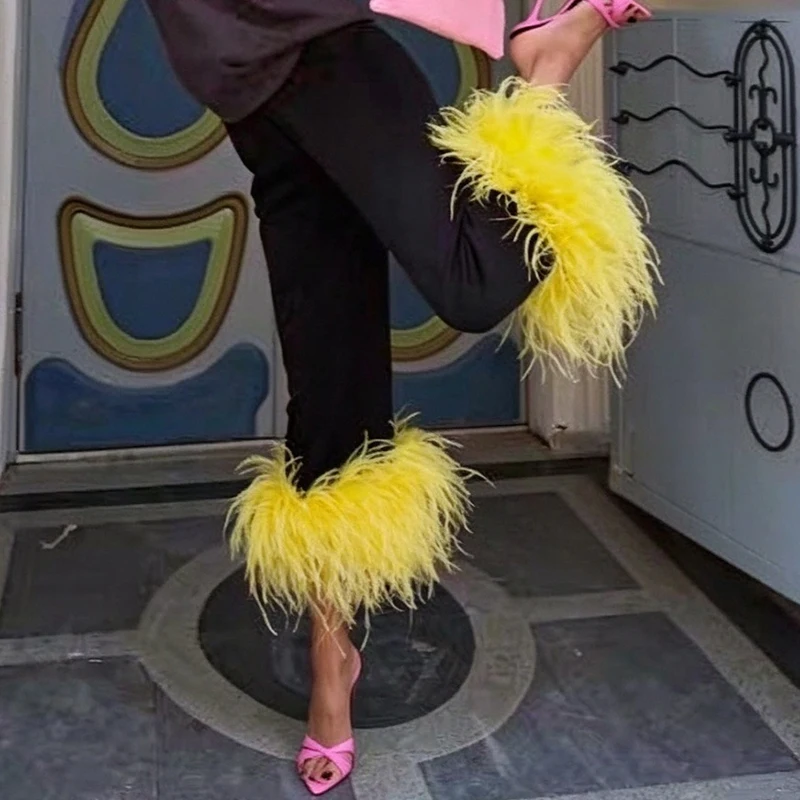 Fashion Solid Color Performance Party Trousers Chic Feather Splicing Straight Leg Pants Casual High Waisted Autumn Women's Pants