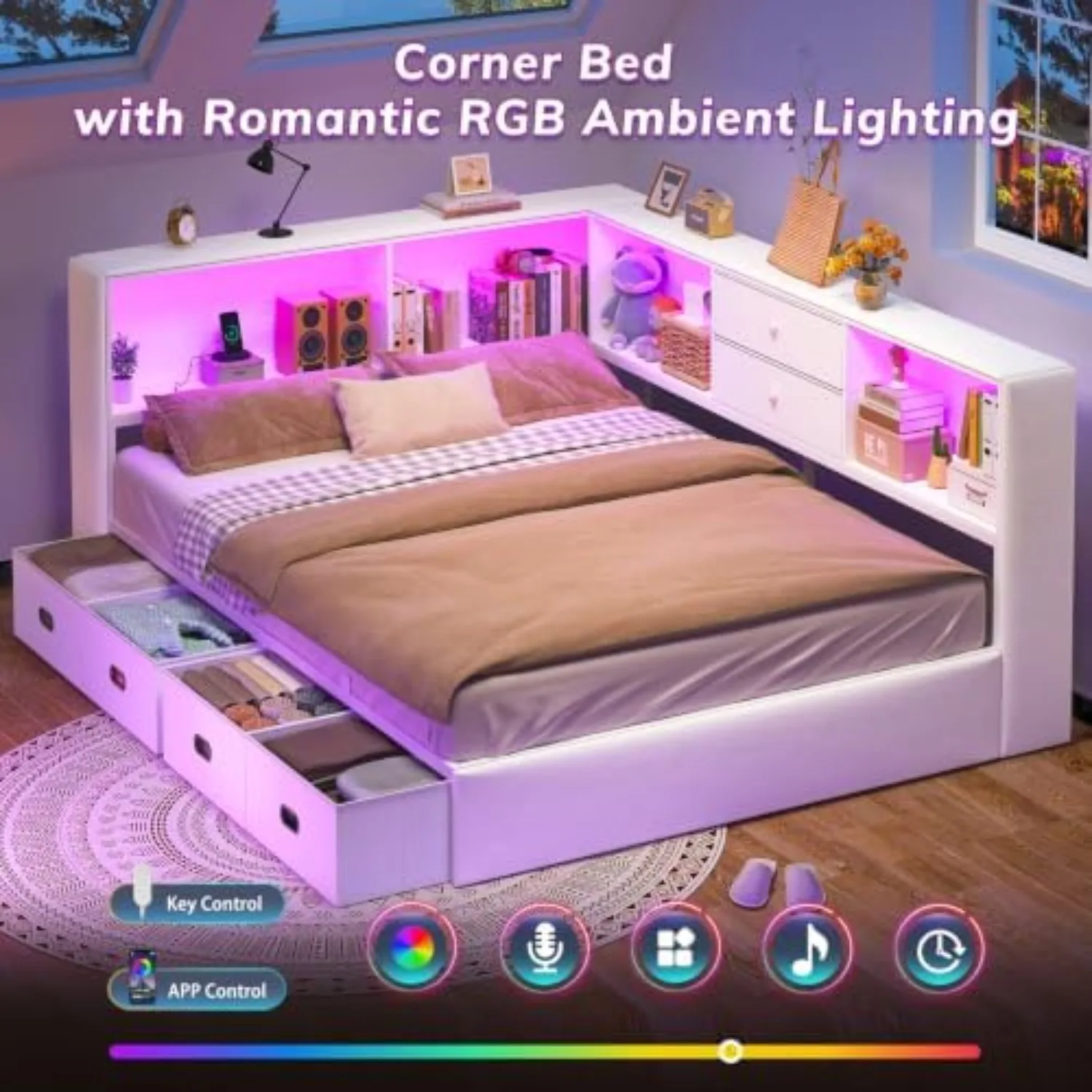 Factory Direct 2026 White Corner Bed Frame Full Size with 6 Storage Drawers & Bookcase Storage | RGB Lights, Upholstered Daybed