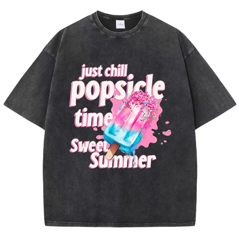 Just Chill Popsicle Time Sweet Summer Cotton Washed T-Shirt Women Oversize Tops Casual O-Neck Distressed T Shirt Hip Hop Clothes