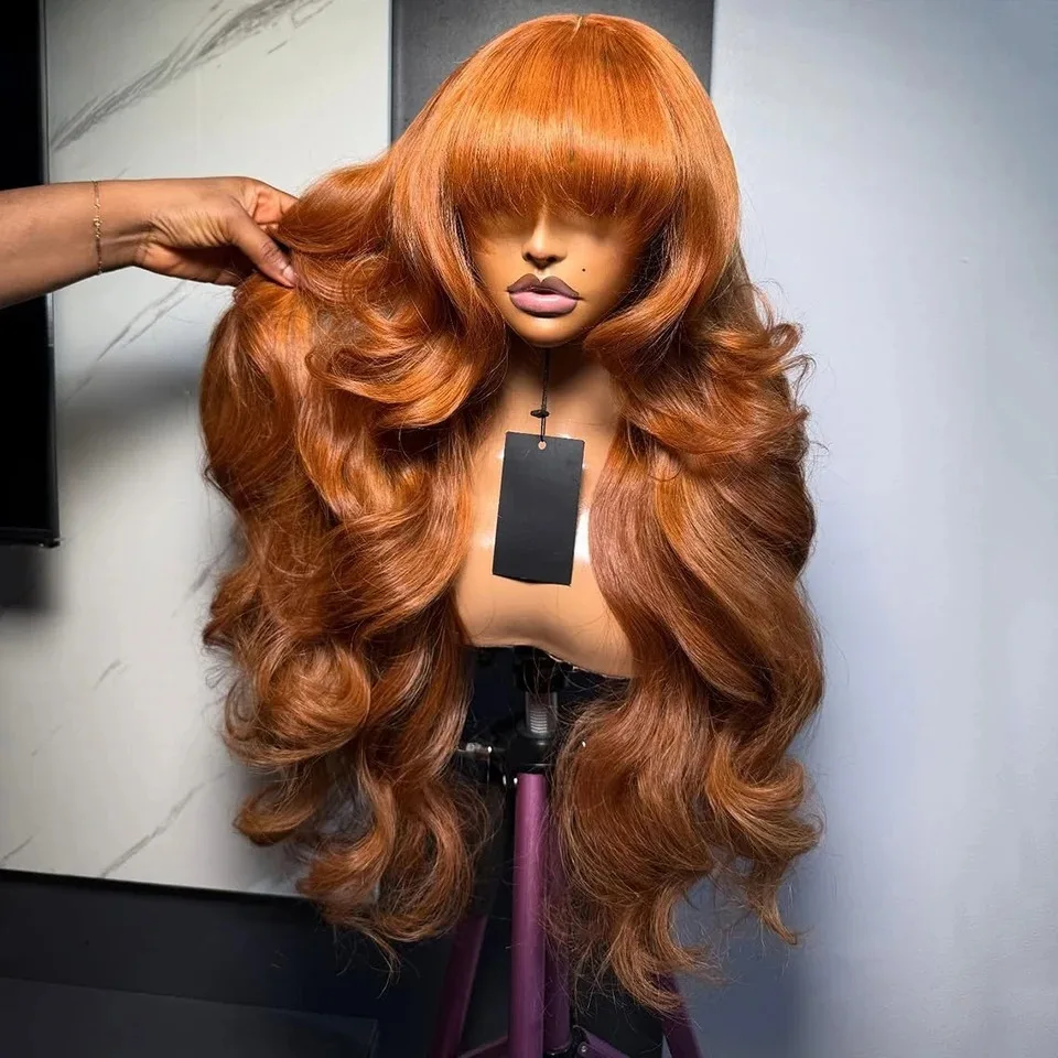 Warm Blonde Copper Body Wave Lace Front Wig With Bangs 13x4 HD Synthetic Ginger Wigs For Women Daily Cosplay Gluelesss For Women