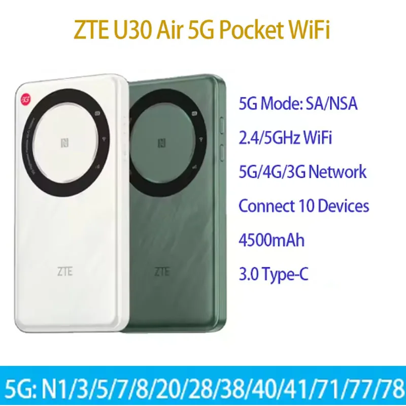 ZTE 듀얼 밴드 휴대용 핫스팟 5G 4G LTE SIM 카드 모바일 라우터, 포켓 와이파이 U30 에어, 4500mAh, C타입, 867Mbps, 2.4 GHz, 5GHz