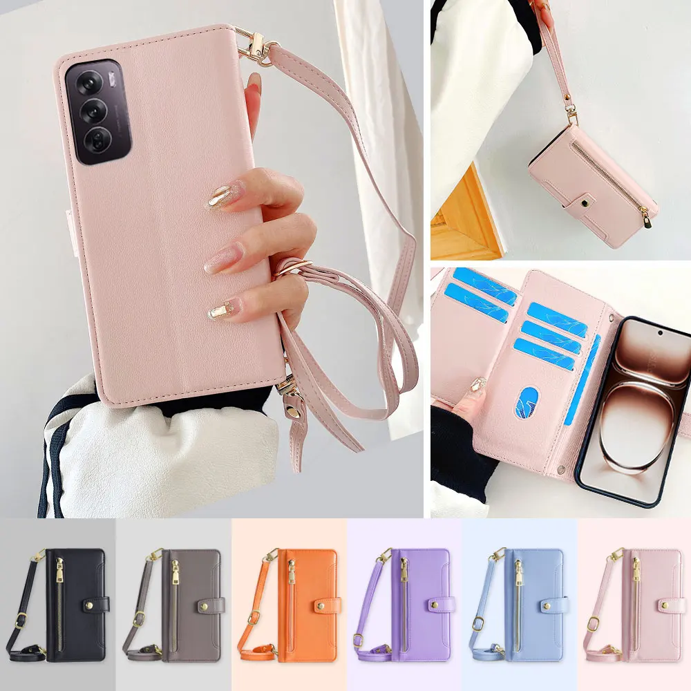 Long Lanyard Leather Zipper Wallet Phone Case for OPPO Reno 12 11F F25 A3 Pro A60 Crossbody Phone Bag Protective Cover Fundas