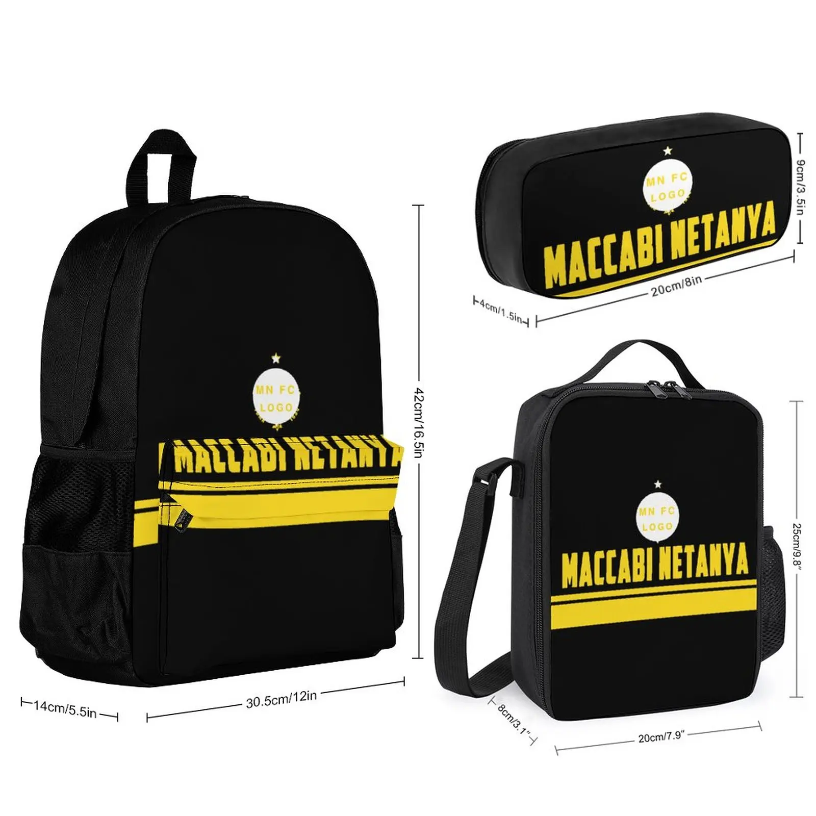 Maccabi Netanya Student School Bag Pencil Case Three-Piece Set With Lunch Tote Bag And Pencil Bag Backpack