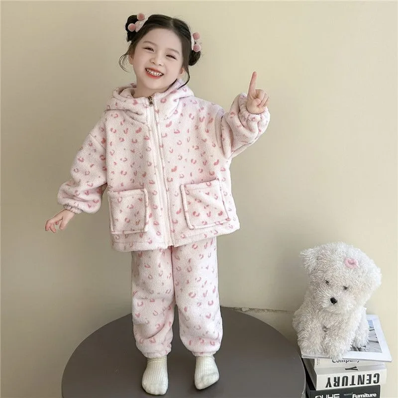 

2025 Winter Girls' Flannel Coral Fleece Hooded Pajama Sets Toddler Cozy Homewear