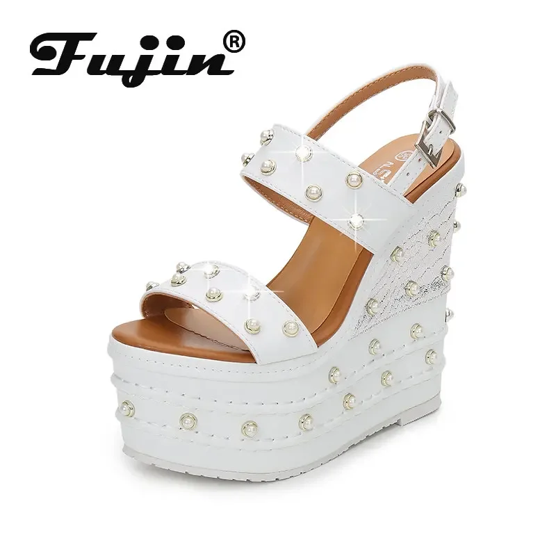 

Fujin 16cm Super High Heel Platform Wedge Sandals Summer Shoes Women Rhinestone Open Toe Beach Shoes Pumps Slides Summer Shoes