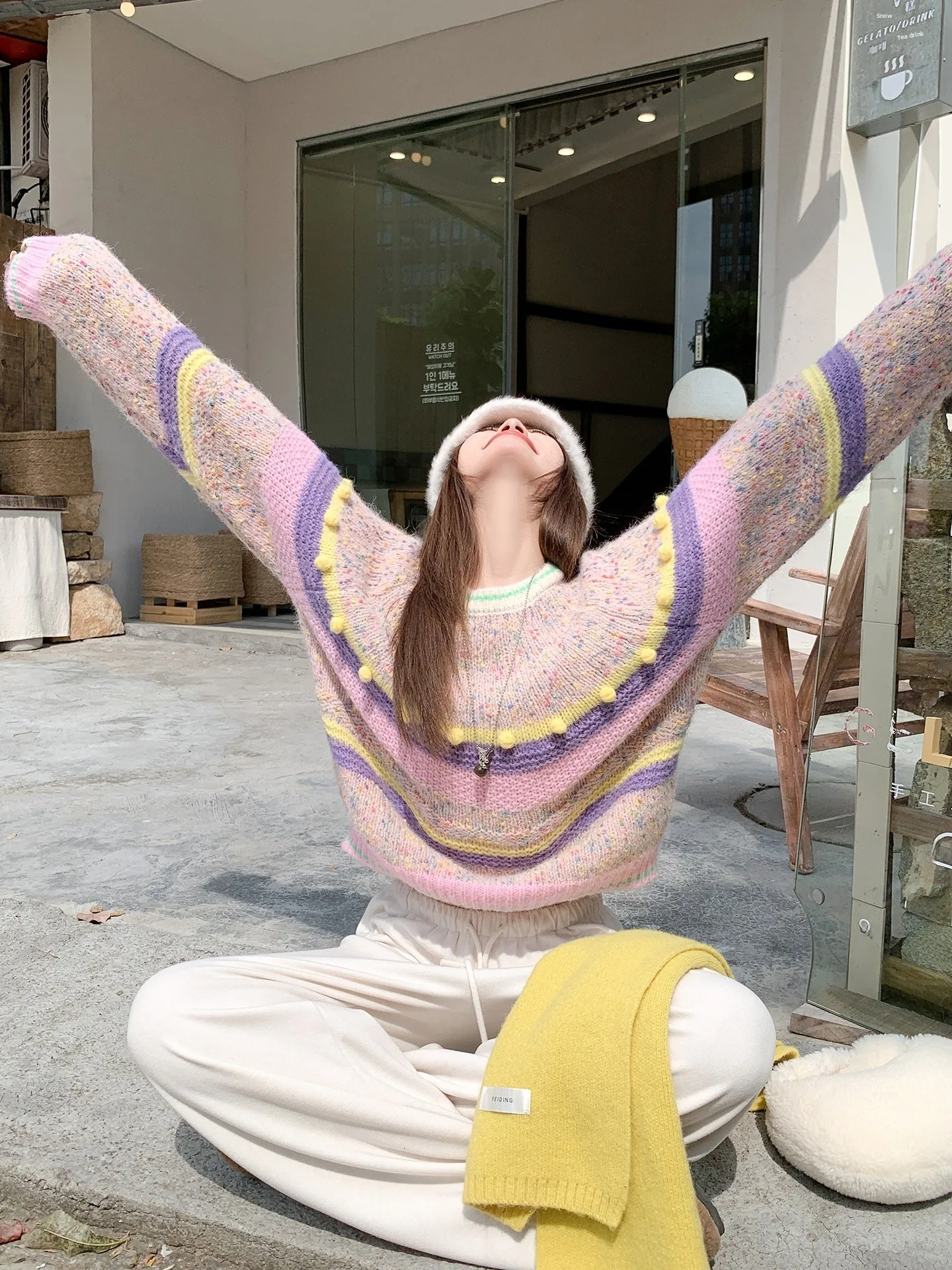 

Loose round Ne Pullover Sweater Women's Autumn Winter New Sle Wide Stripe Pattern Korean Sle Warm Thermal Top