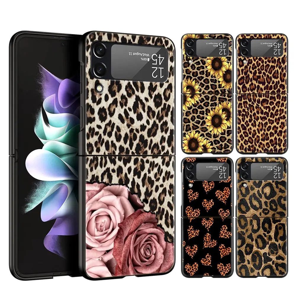 

For Samsung Galaxy Z Flip 3 4 5 Hard Black Folding PC Phone Case Fashion Tiger Leopard Print flower For Samsung Z Flip3 Cover