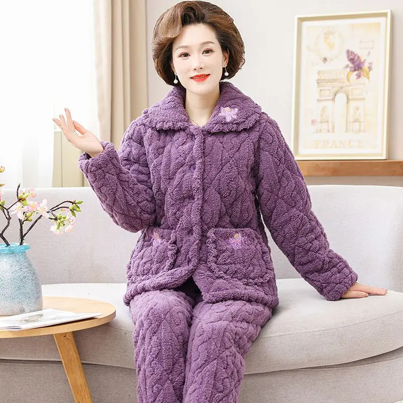 Pajamas Women in Autumn Winter Coral Fleece Three-layer Cotton Flange Thickened Home Wear Middle-aged Elderly People Warm Set