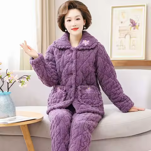 Pajamas Women in Autumn Winter Coral Fleece Three-layer Cotton Flange Thickened Home Wear Middle-aged Elderly People Warm Set
