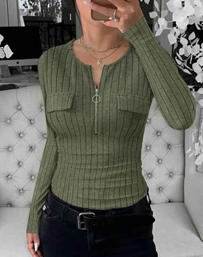 

Top Women 2025 Spring Autumn New Solid Color Long Sleeve Half Zip Flap Detail Ribbed Tee Slim Fit Round Neck Casual Brushed Top