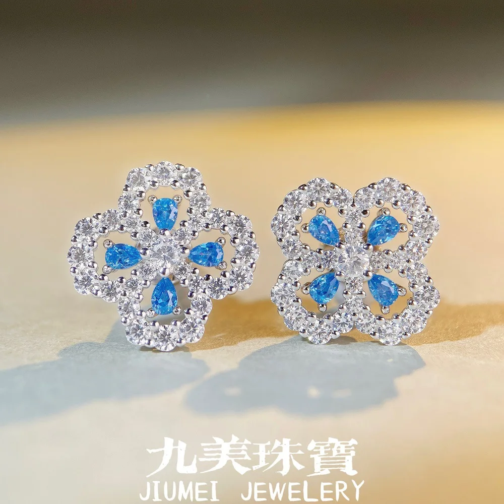 Luxury white gold four-leaf clover full diamond platinum PT950  earrings  blue aquamarine and sapphire blue diamond HW earrings