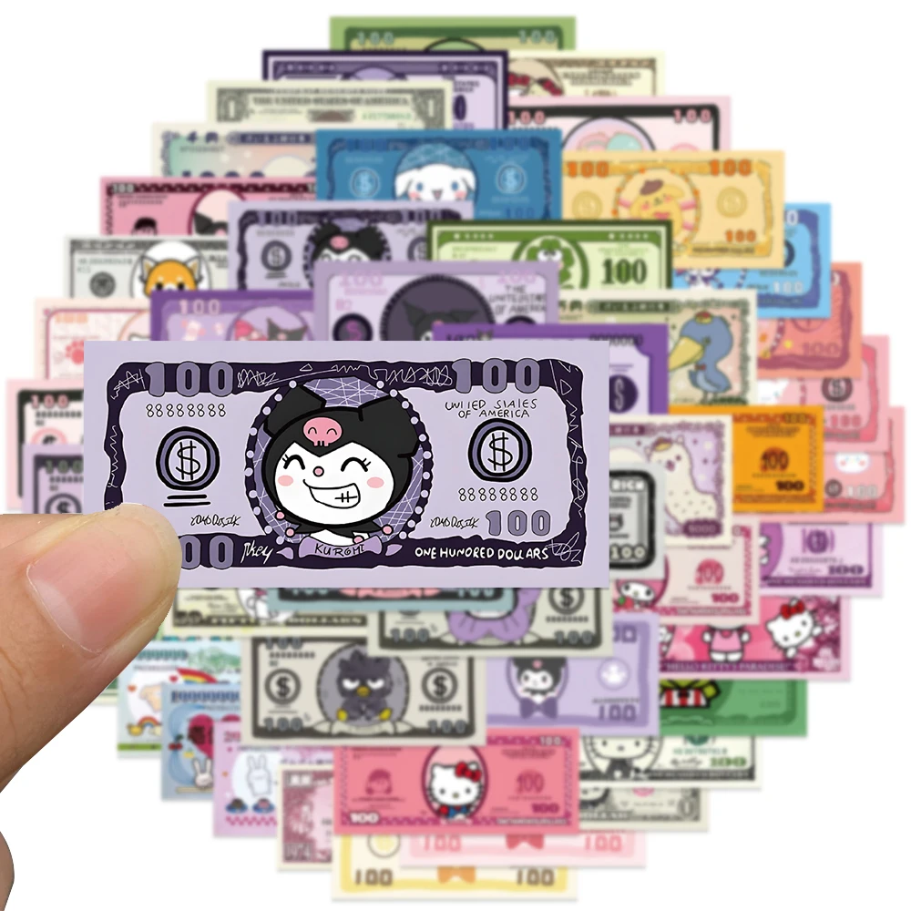 50pcs Sanrio Paper Money Kawaii Hello Kitty Kuromi Anime Stickers Aesthetic Decorative Stationery Phone Laptop Cute Kid Sticker