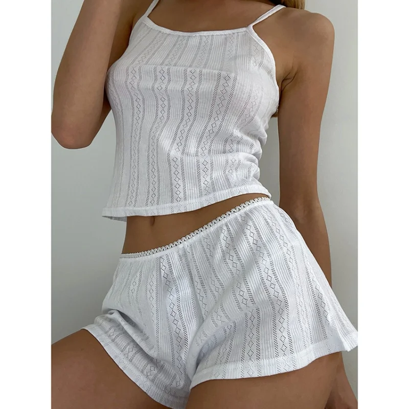 Summer Sexy Knitted Suspender Shorts Ladies\' Homewear Jacquard White Cool Pajamas Two-Piece Set