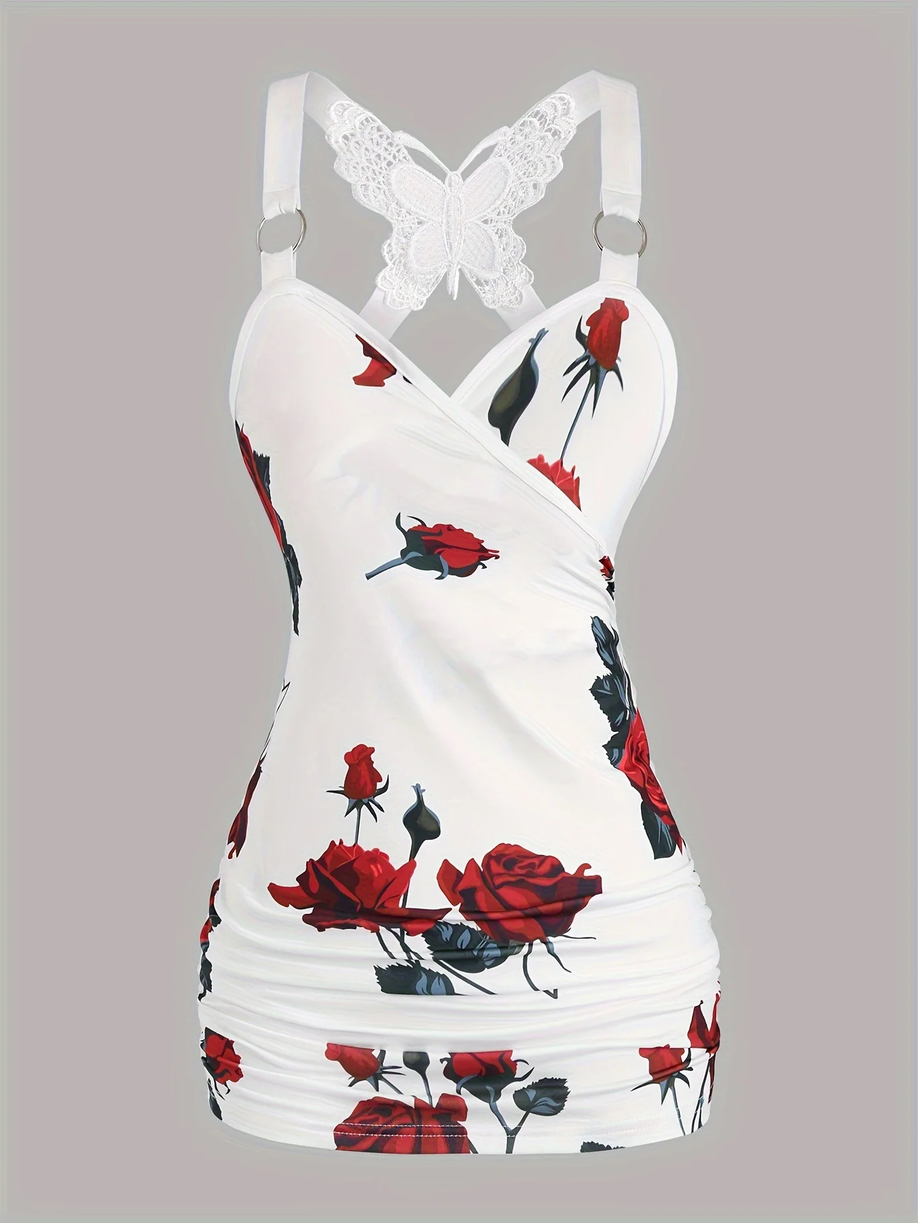 2024 spring and summer Europe and the United States new women's rose print pleated suspenders butterfly lace cross vest.