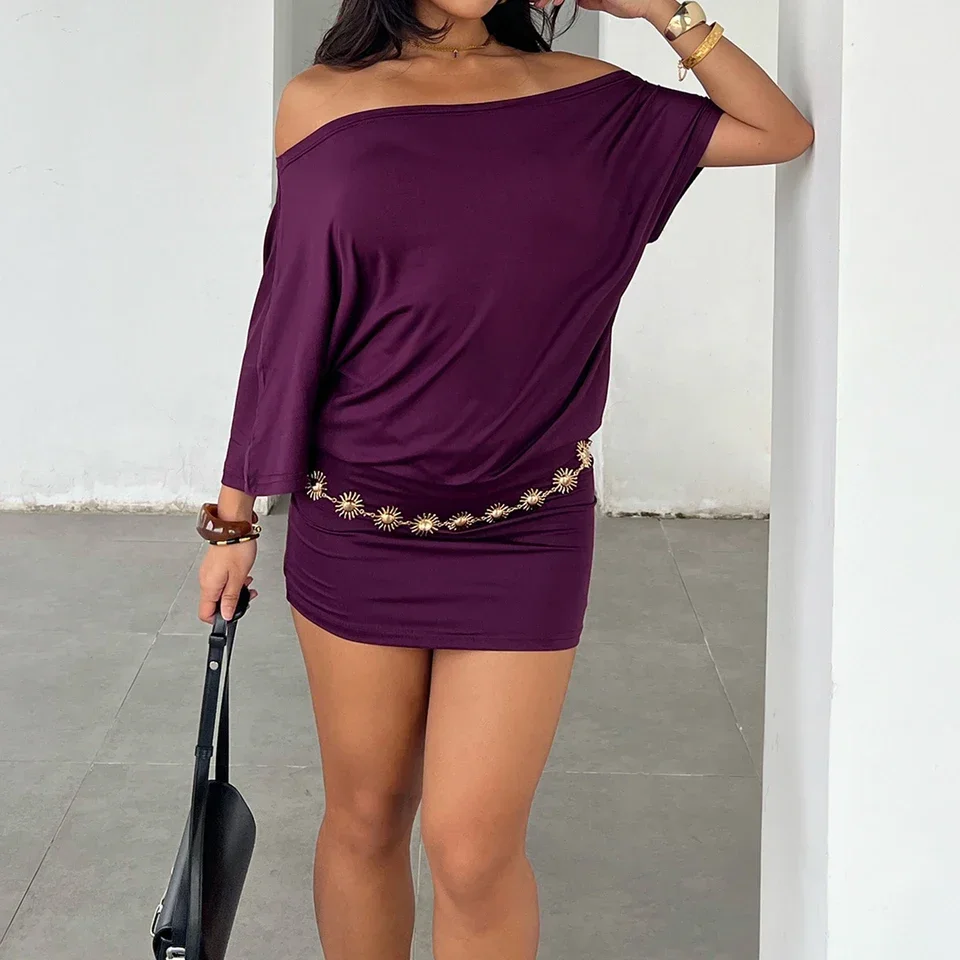 

SUCHCUTE Bat Sleeve Wrap Dress Women One-Shoulder Solid Backless Bodycon Dress Evening Party Club Dress Y2K Sexy Outfits Summer