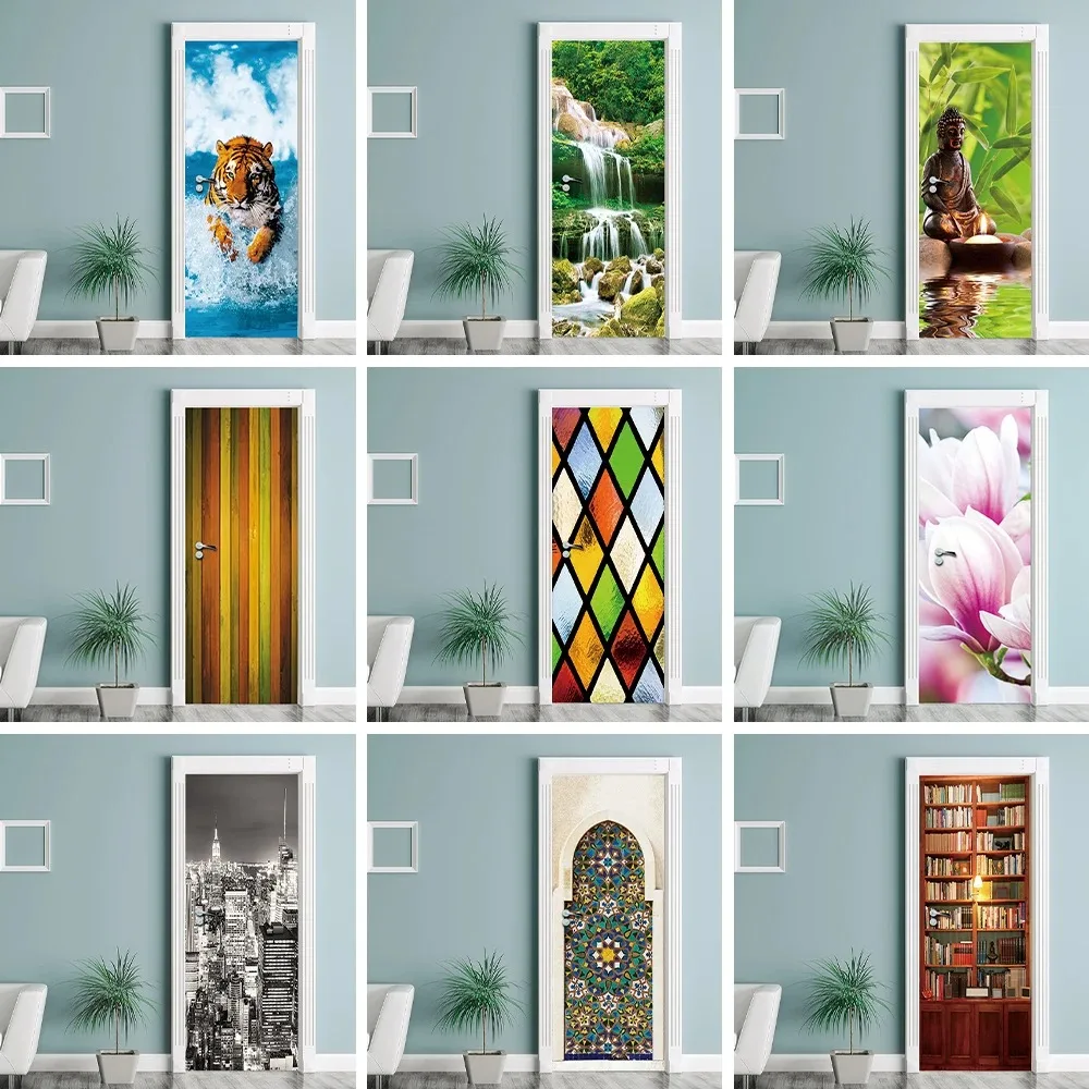 

Multi Style 3D Door Cover Wallpaper Self Adhesive Waterproof Bookshelf Geometric Wooden Wall Art Stickers Home Renovation Decor