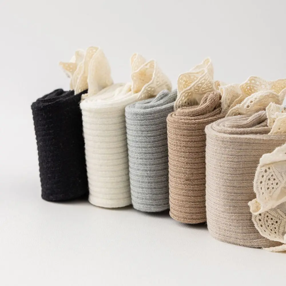 5 أزواج تكدرت حافة الطفل العجل الجوارب الطفل الدانتيل تقليم أنبوب طويل جوارب القطن الرضع شريط دارى الكرتون فوق جوارب طويلة #4