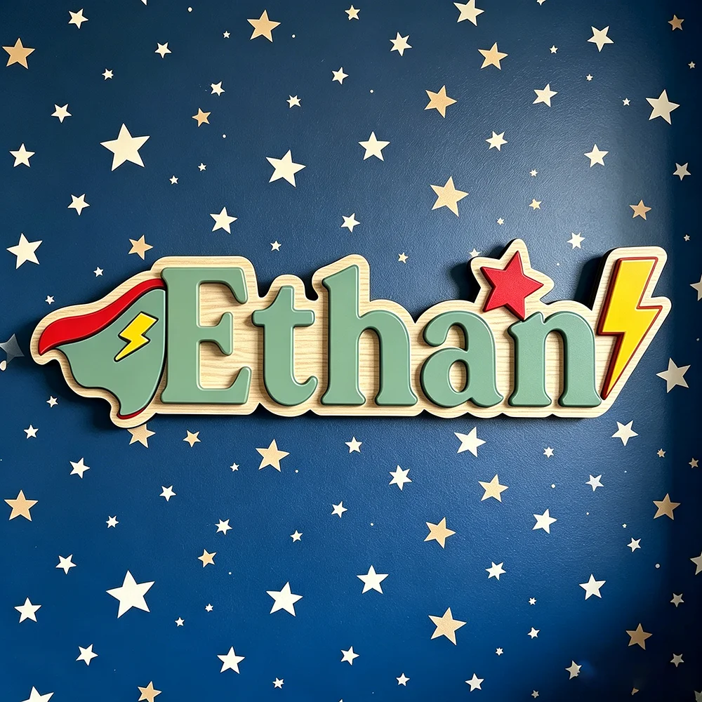 Custom Superhero Name Sign for The Dearest Baby, Neutral Star & Lightning Nursery Wooden Door Plaque image 2