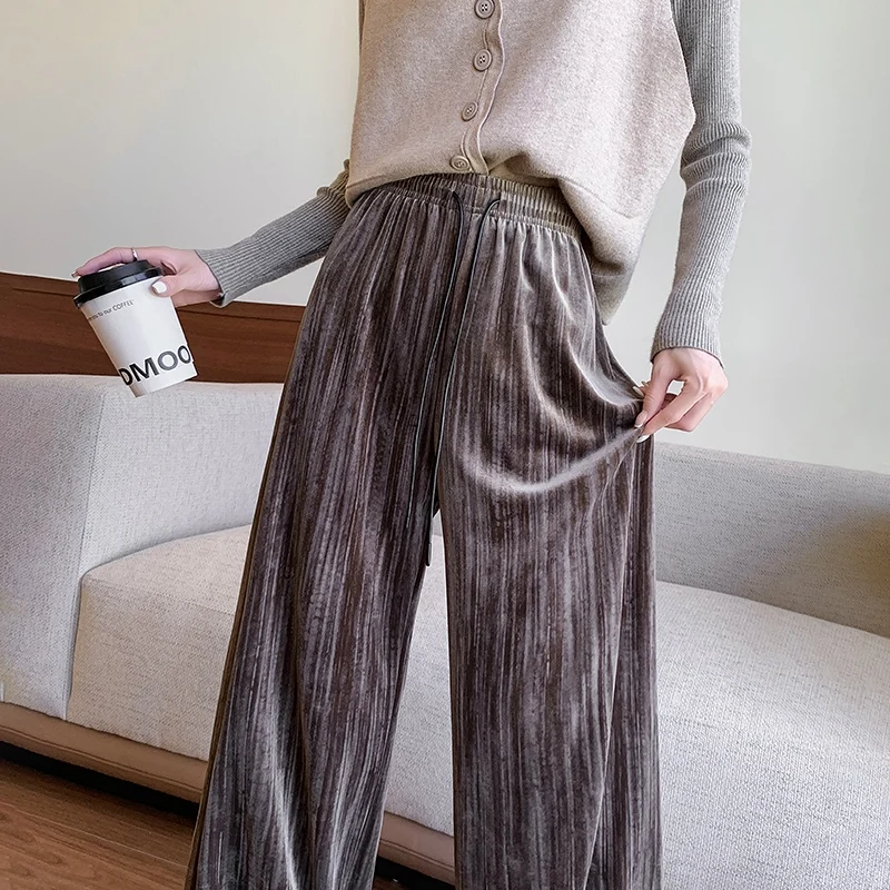 

Women's Tie-Dye Velvet Flare Pants 2024 Autumn Winter New Style Versatile Loose Casual Straight Tube Drape Floor-Length Trousers