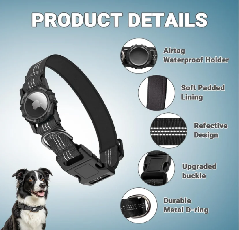 AirTag Dog Collar, IP68 Waterproof Integrated Air Tag Dog Collars with Reflective, Ultra-Durable, Comfortable Padded view 2