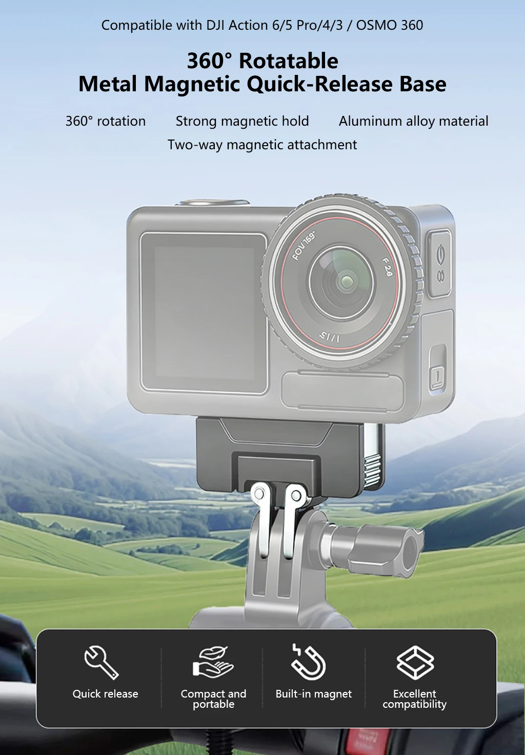 BGNing Magnetischer Adapter-Halter für DJI Osmo Action 5Pro 4 3 6 Faltbare Schnellwechsel-Halterung Kamera-Stativ-Adapter-Halterung – Detail 1
