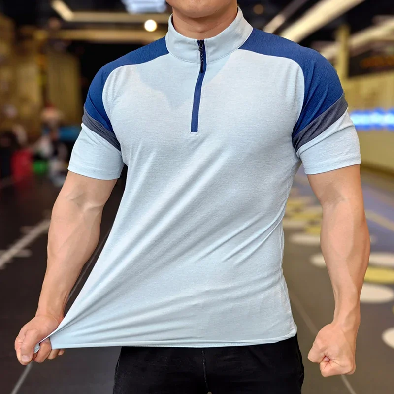 Mężczyźni Fitness Running Half Zip Training Wear Summer High Elasticity Slim Fit Tee Outdoor Hiking and Trekking T-shirt Muscle Tight